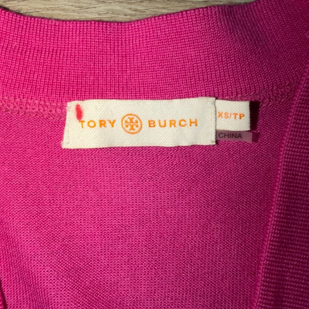Tory Burch Cardigan XS Pink Gold‎ Logo Button V Neck Lightweight Knit Sweater
